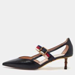 Gucci Black Leather Sylvie Web Strap Bamboo Heel Pumps Size 39