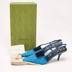 Gucci Blue Mesh and Leather GG Crystal Slingback Pumps Size 40