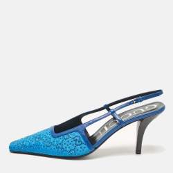 Gucci Blue Mesh and Leather GG Crystal Slingback Pumps Size 40