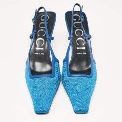 Gucci Blue Mesh and Leather GG Crystal Slingback Pumps Size 40