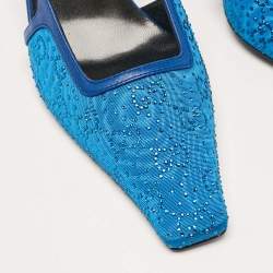 Gucci Blue Mesh and Leather GG Crystal Slingback Pumps Size 40