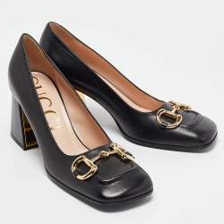 Pre Owned Gucci Black Leather Horsebit Block Heel Pumps Size 39