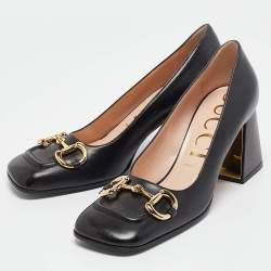 Pre Owned Gucci Black Leather Horsebit Block Heel Pumps Size 39