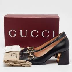 Pre Owned Gucci Black Leather Horsebit Block Heel Pumps Size 39