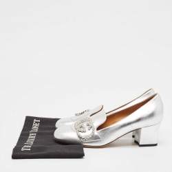 Pre Owned Gucci Silver Leather Crystal Embellished Interlocking G Loafer Pumps Size 38