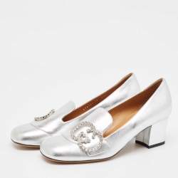 Pre Owned Gucci Silver Leather Crystal Embellished Interlocking G Loafer Pumps Size 38