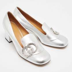 Pre Owned Gucci Silver Leather Crystal Embellished Interlocking G Loafer Pumps Size 38