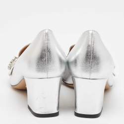 Pre Owned Gucci Silver Leather Crystal Embellished Interlocking G Loafer Pumps Size 38
