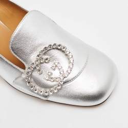 Pre Owned Gucci Silver Leather Crystal Embellished Interlocking G Loafer Pumps Size 38