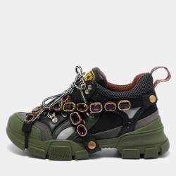 Gucci Green/Black Leather and Mesh Flashtrek Sneakers Size 38.5