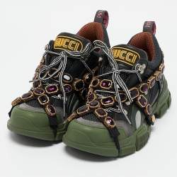 Gucci Green/Black Leather and Mesh Flashtrek Sneakers Size 38.5