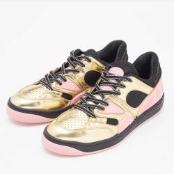 Gucci Gold/Black Leather and Neoprene Basket Sneakers Size 37