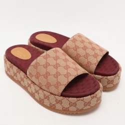 Pre Owned Gucci Beige GG Monogram Canvas Angelina Platform Slide Sandals Size 41