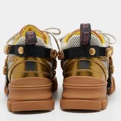 Gucci Gold Leather and Mesh Flashtrek Sneakers Size 35