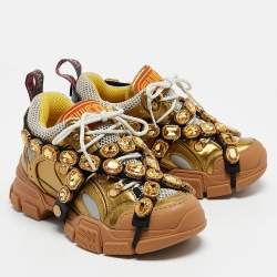 Gucci Gold Leather and Mesh Flashtrek Sneakers Size 35