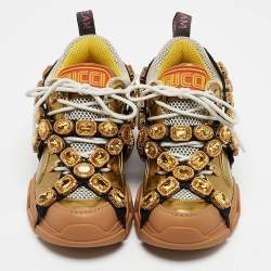 Gucci Gold Leather and Mesh Flashtrek Sneakers Size 35