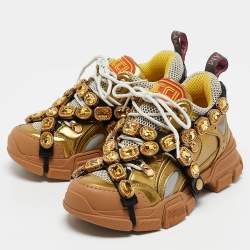 Gucci Gold Leather and Mesh Flashtrek Sneakers Size 35