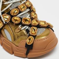 Gucci Gold Leather and Mesh Flashtrek Sneakers Size 35