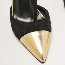 مملوكة مسبقًا Gucci Black/Gold Leather and Suede T Strap Pumps Size 36