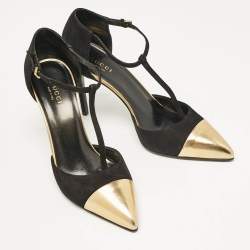 مملوكة مسبقًا Gucci Black/Gold Leather and Suede T Strap Pumps Size 36