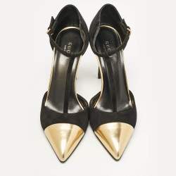 مملوكة مسبقًا Gucci Black/Gold Leather and Suede T Strap Pumps Size 36