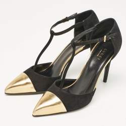 مملوكة مسبقًا Gucci Black/Gold Leather and Suede T Strap Pumps Size 36
