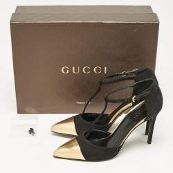 مملوكة مسبقًا Gucci Black/Gold Leather and Suede T Strap Pumps Size 36