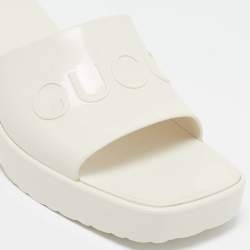 Gucci White Rubber Embossed Logo Block Heel Slide Sandals Size 40