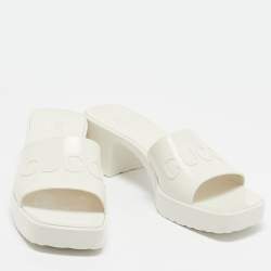 Gucci White Rubber Embossed Logo Block Heel Slide Sandals Size 40