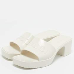 Gucci White Rubber Embossed Logo Block Heel Slide Sandals Size 40