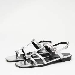 Gucci Silver Leather Divine Flat Sandals Size 38