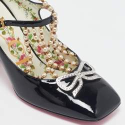 Gucci Black Patent Leather Pearl Embellished T Strap Pumps Size 35