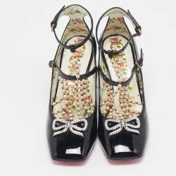 Gucci Black Patent Leather Pearl Embellished T Strap Pumps Size 35