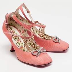 Gucci Pink Fabric Pearl Embellished T-Strap Pumps Size 35