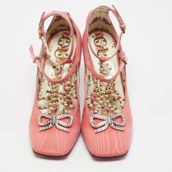 Gucci Pink Fabric Pearl Embellished T-Strap Pumps Size 35