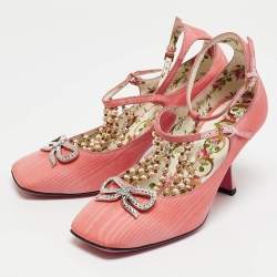 Gucci Pink Fabric Pearl Embellished T-Strap Pumps Size 35