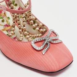 Gucci Pink Fabric Pearl Embellished T-Strap Pumps Size 35