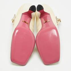 Gucci Cream Patent Leather Pearl Embellished T-Strap Pumps Size 35