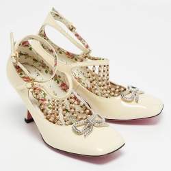 Gucci Cream Patent Leather Pearl Embellished T-Strap Pumps Size 35