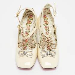 Gucci Cream Patent Leather Pearl Embellished T-Strap Pumps Size 35