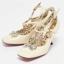 Gucci Cream Patent Leather Pearl Embellished T-Strap Pumps Size 35
