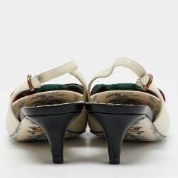 Pre Owned Gucci Off White/Black Leather Sylvie Web Bow Slingback Pumps Size 37