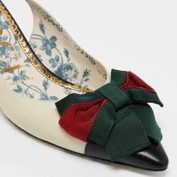 Pre Owned Gucci Off White/Black Leather Sylvie Web Bow Slingback Pumps Size 37