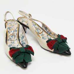 Pre Owned Gucci Off White/Black Leather Sylvie Web Bow Slingback Pumps Size 37