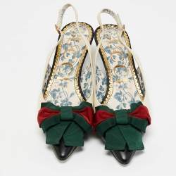 Pre Owned Gucci Off White/Black Leather Sylvie Web Bow Slingback Pumps Size 37