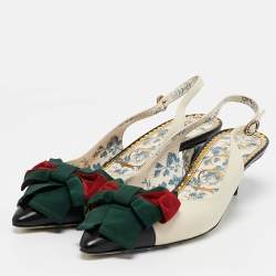 Pre Owned Gucci Off White/Black Leather Sylvie Web Bow Slingback Pumps Size 37
