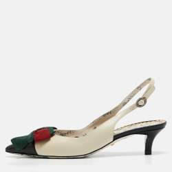 Pre Owned Gucci Off White/Black Leather Sylvie Web Bow Slingback Pumps Size 37