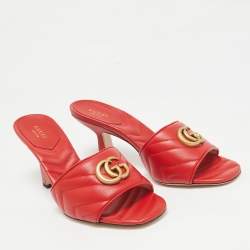Gucci Red Quilted Leather GG Marmont Slide Sandals Size 40