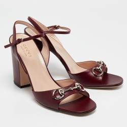 Pre Owned Gucci Burgundy Leather Horsebit Ankle Strap Sandals Size 40.5