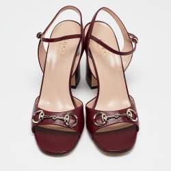 Pre Owned Gucci Burgundy Leather Horsebit Ankle Strap Sandals Size 40.5